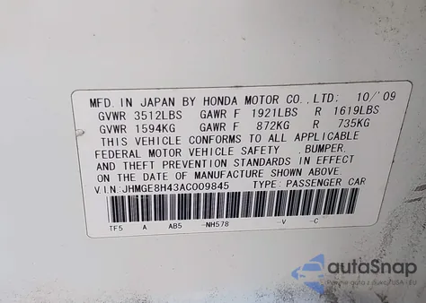 2010 Honda Fit Sport из США, поврежденный, VIN JHMGE8H43AC009845